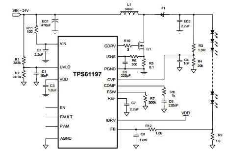 Typical Application for PWM Dimming by Turning on and off the Boost Converter, Single-String WLED Driver for LCD TV