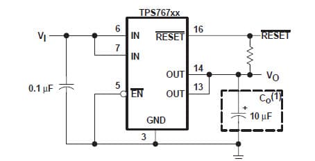 Typical Application for TPS76718Q device is designed to have a fast transient response and be stable with 10 uF low ESR capacitors with Fixed Output