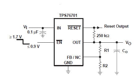 Typical Application for TPS76701Q device is designed to have a fast transient response and be stable with 10 uF low ESR capacitors with Regulator Output