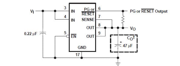 Typical Application for TPS75118-EP low dropout regulators with integrated power-on reset and power-good (PG) functions with Fixed Output