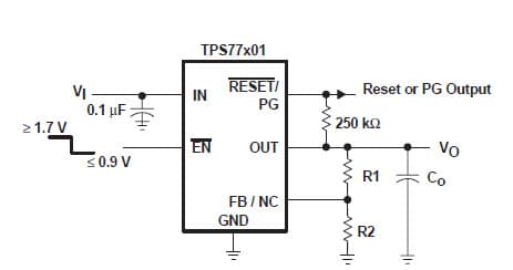 Typical Application for TPS77701 designed to have a fast transient response and be stable with a 10 uF low ESR capacitor