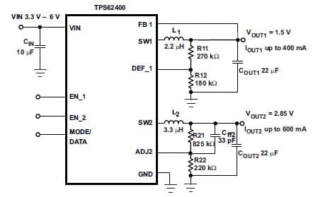 Typical Application Circuit for TPS62400 2.25MHz 400mA/600mA Dual Step-Down Converter In Small 3x3mm QFN Package,1.5V/2.85V Adjustable Outputs, Low PFM Voltage Ripple Optimized