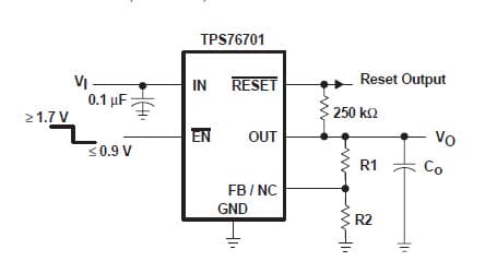 Typical Application for TPS76701-Q1 a fast transient response and be stable with 10- uF low ESR capacitors with Adjustable output voltage