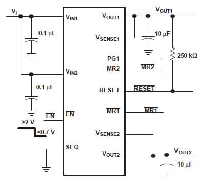 Typical Application Circuit for TPS70151 Dual-Output Low-Dropout Voltage Regulators with Power-Up Sequencing for Split-Voltage DSP Systems with fixed output