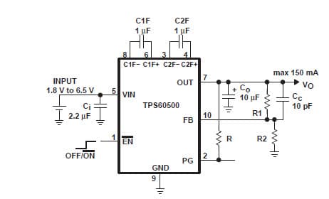 Typical Application for TPS60500 High Efficiency, 250-mA Step-Down Charge Pump