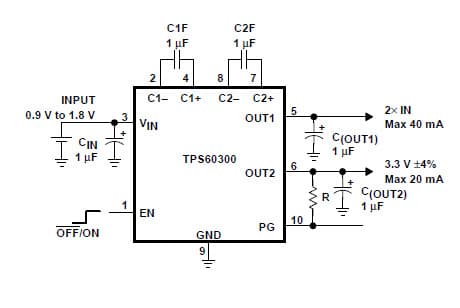 Typical Application for TPS60300 Single-Cell to 3V/3.3V, 20-mA Dual Output, High-Efficiency Charge Pump