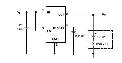 Typical Application Circuit for TPS76428 low-dropout (LDO) voltage regulators offers the benefits of a low noise, low-dropout voltage, low-power operation, and miniaturized package