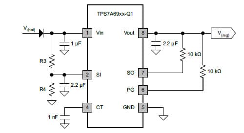 Typical Application Circuit for TPS7A6950-Q1 High-Voltage Ultra Low-Iq Low-Dropout Regulator with Input-Voltage-Sensing Option