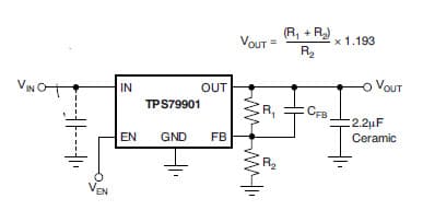 Typical Application Circuit for TPS79901QDRVRQ1 200 mA, LOW QUIESCENT CURRENT, ULTRA-LOW NOISE,HIGH PSRR, LOW DROPOUT, LINEAR REGULATORS with Adjustable output