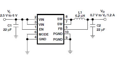 Typical Application Circuit for TPS62044 1.2 A/1.25 MHz, High-Efficiency Step-Down Converter With Fixed Output Voltage