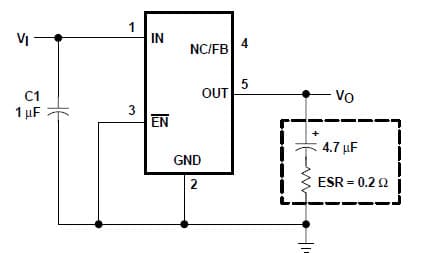 Typical Application Circuit for TPS77012 ultra low-power 50-ma low-dropout linear regulators with fixed Output