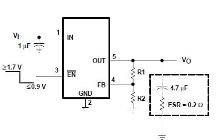 Typical Application Circuit for TPS77001 ultra low-power 50-ma low-dropout linear regulators with Adjustable Output