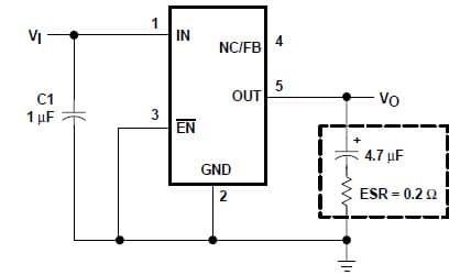 Typical Application Circuit for TPS76915 ultra low-power 100-ma low-dropout line regulators with fixed Output