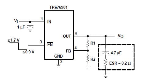 Typical Application Circuit for TPS76901 ultra low-power 100-ma low-dropout line regulators with Adjustable Output