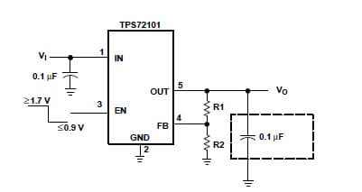 Typical Application for TPS72101 Low Input Voltage, Cap Free 150-mA Low-Dropout Linear Regulators with Adjustable Output