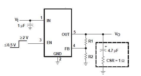 Typical Application Circuit for TPS76301 Low Power 150-mA Low Dropout Linear Regulators with Adjustable Output