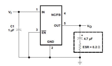 Typical Application Circuit for TPS76915QDBVTQ1 Ultra Low-power 100-ma low-dropout linear regulators with fixed output