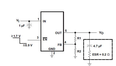 Typical Application Circuit for TPS76901QDBVTQ1 Ultra Low-power 100-ma low-dropout linear regulators with adjustable output