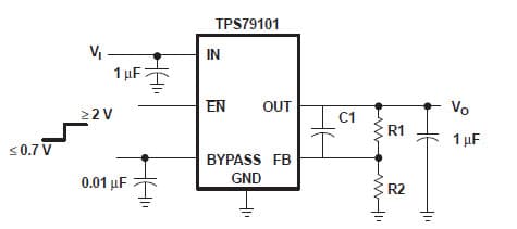 Typical Application for TPS79101DBVREP Ultralow Noise, High Psrr, Fast Rf 100-mA Low-Dropout Linear Regulators with Adjustable Output