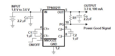 Typical Application for TPS60211 Regulated 3.3-V, Low-Ripple Charge Pump with Ultra Low Operating Current