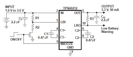 Typical Application for TPS60212 Regulated 3.3-V, Low-Ripple Charge Pump with Ultra Low Operating Current