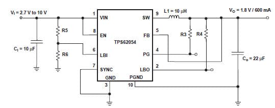 Typical Application Circuit for TPS62054 800-Ma Synchronous Step-Down Converter for Fixed Voltage Version