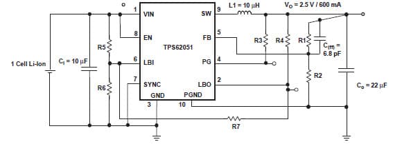 Typical Application Circuit for TPS62051 800-Ma Synchronous Step-Down Converter With Enhanced Lbi With Increased Hysteresis