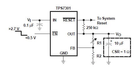 Typical Application for Tps7301Q Low-Dropout Voltage Regulators With Integrated Delayed Reset Function With Adjustable Output