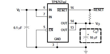 Typical Application for TPS76715-EP device is designed to have a fast transient response and be stable with 10- uF low ESR capacitors with fixed Output