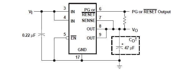 Typical Application for TPS75215-EP low dropout regulators with integrated power-on reset and power good (PG) functions with fixed output voltage