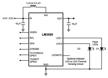 Typical Application for LM3559 Synchronous Boost Flash Driver with Dual 900 mA High Side Current Sources (1.8A Total Flash Current)