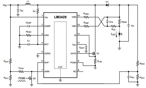 Typical Boost Regulator Application Circuit for the LM3429Q1 N-Channel Controller for Constant Current LED Driver