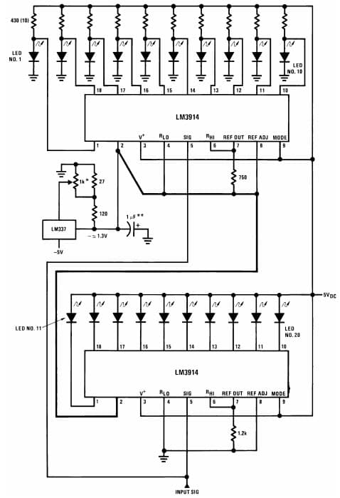 Typical Application for LM3914 Zero-Center Meter, 20-Segment Display Driver