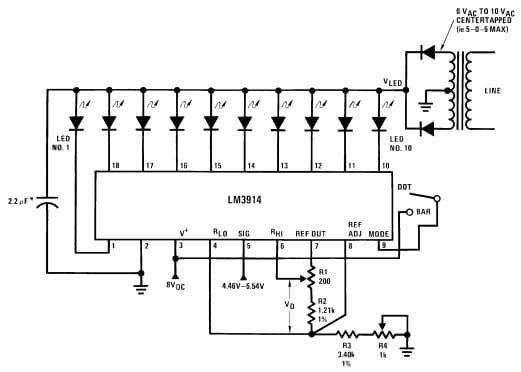 Typical Application for LM3914 Expanded Scale Meter, Dot or Bar Display Driver