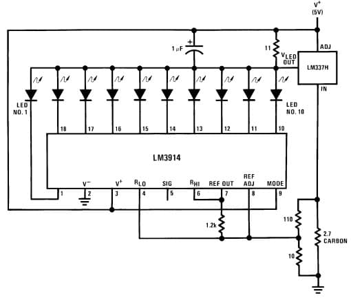 Typical Application for LM3914 Bar Display Driver, Adding Hysteresis (Single Supply, Bar Mode Only)