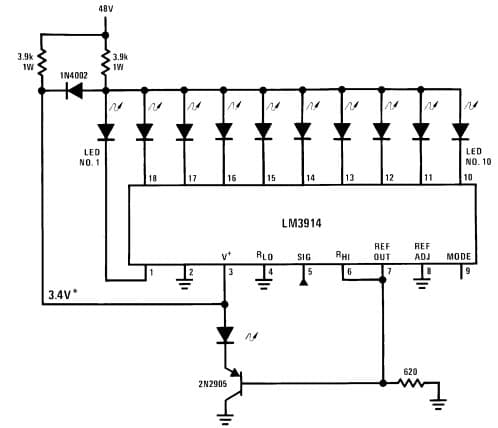 Typical Application for LM3914 Dot Display Driver Operating with a High Voltage Supply (Dot Mode Only)