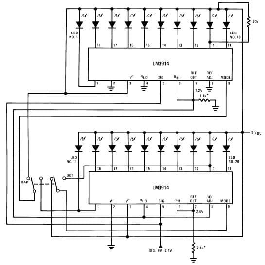 Typical Application for LM3914 20-Segment Meter with Mode Switch