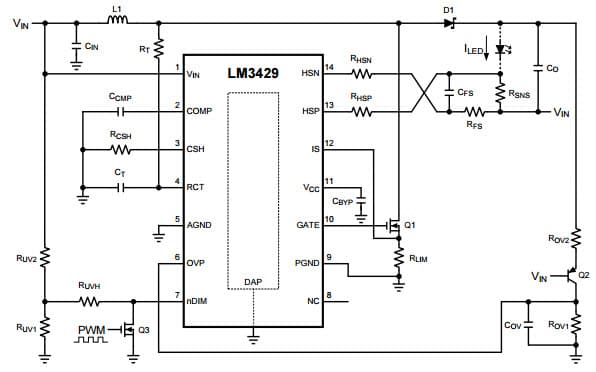 Typical Buck-Boost Regulator Application Circuit for the LM3429 N-Channel Controller for Constant Current LED Driver