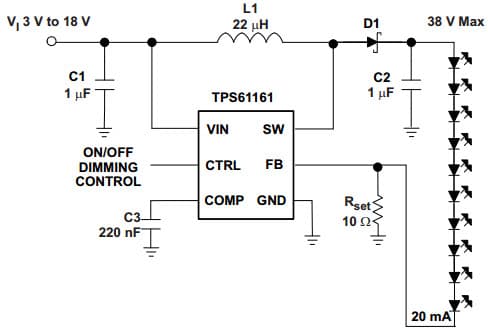 Typical Application for TPS61161 White LED Driver With Digital and PWM Brightness Control in 2mm x 2mm QFN Package for up to 10 LEDs in Series