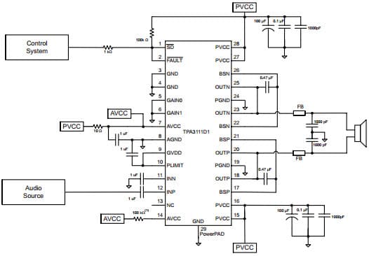 Typical Application for 10-W Filter-Free Mono Class-D Audio Power Amplifier With Speaker Guard