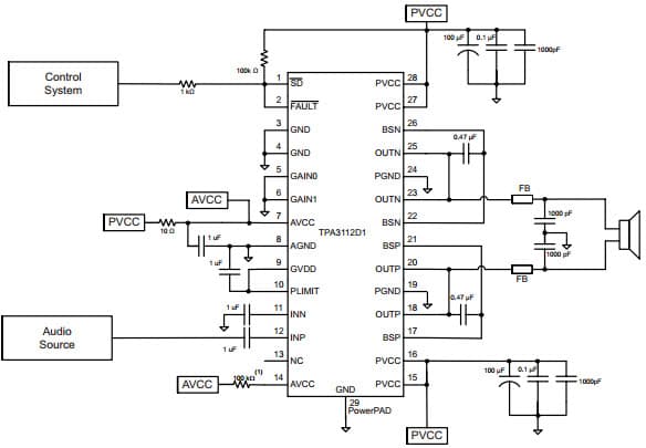 Typical Application for 25-W Filter-Free Mono Class-D Audio Power Amplifier With Speaker Guard