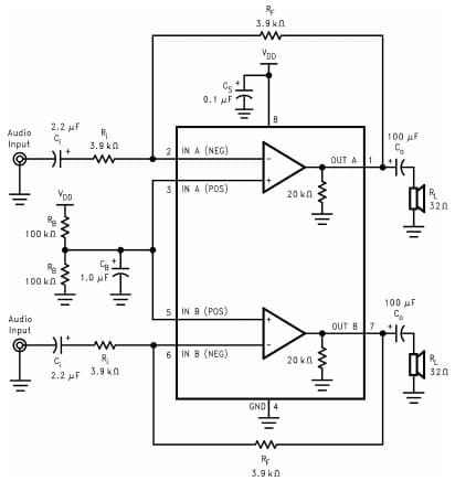 Typical Application for Dual 105 mW HeadPhone Amplifier