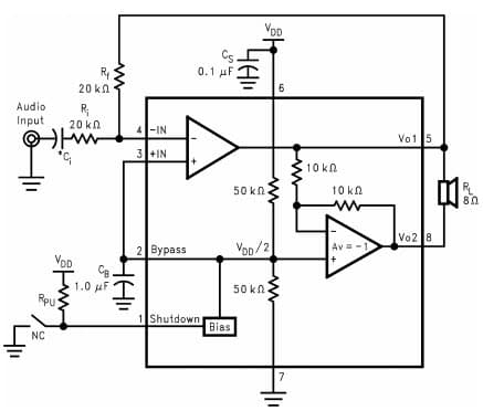 Typical Application for 675 mW Audio Power Amplifier with shut-down Mode