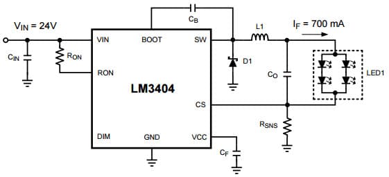 Typical Application for LM3404 1.0-A Constant Current Buck Regulator for Driving High Power LEDs