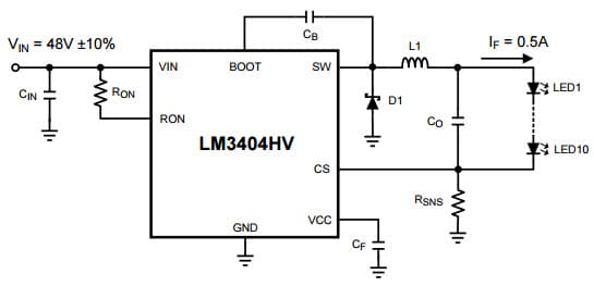 Typical Application for LM3404HV 1.0-A Constant Current Buck Regulator for Driving High Power LEDs