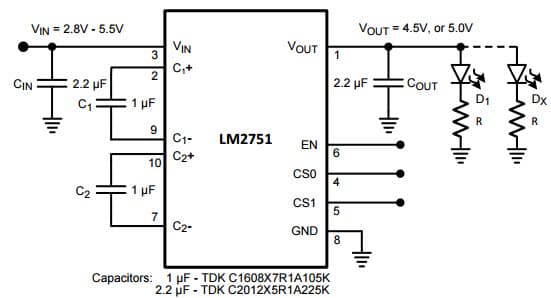 Typical Application for LM2751 Regulated 2X, 1.5X Switched Capacitor White LED Driver