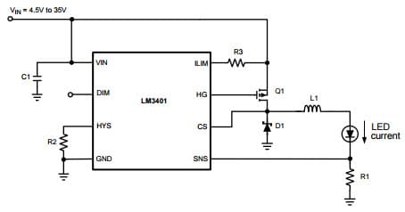 Typical Application for LM3401 Hysteretic PFET Controller for High Power LED Drive