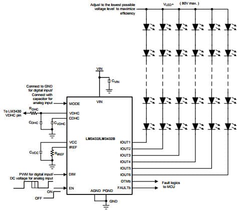 Typical Application for LM3432 6-Channel Current Regulator for LED Backlight Application