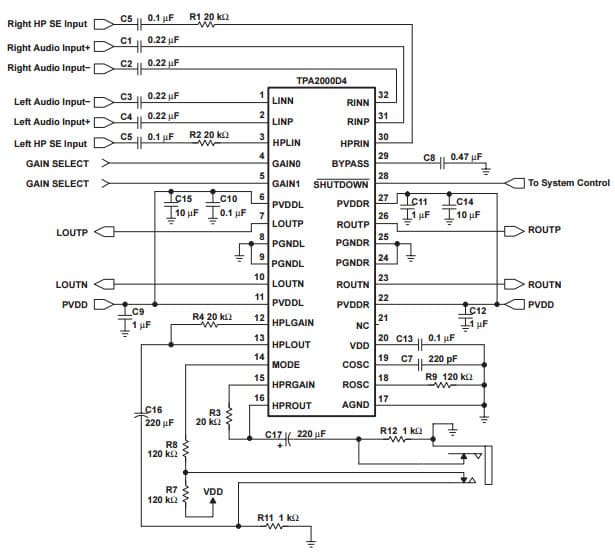 Typical Application for Stereo 2-W Class-D Audio Power Amplifier With Stereo Hp Amplifier