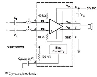 Typical Application for Differential Input Application Schematic Optimized With Input Capacitors for Tpa6211A1-Q1, 3.1-W Mono Fully Differential Audio Power Amplifier